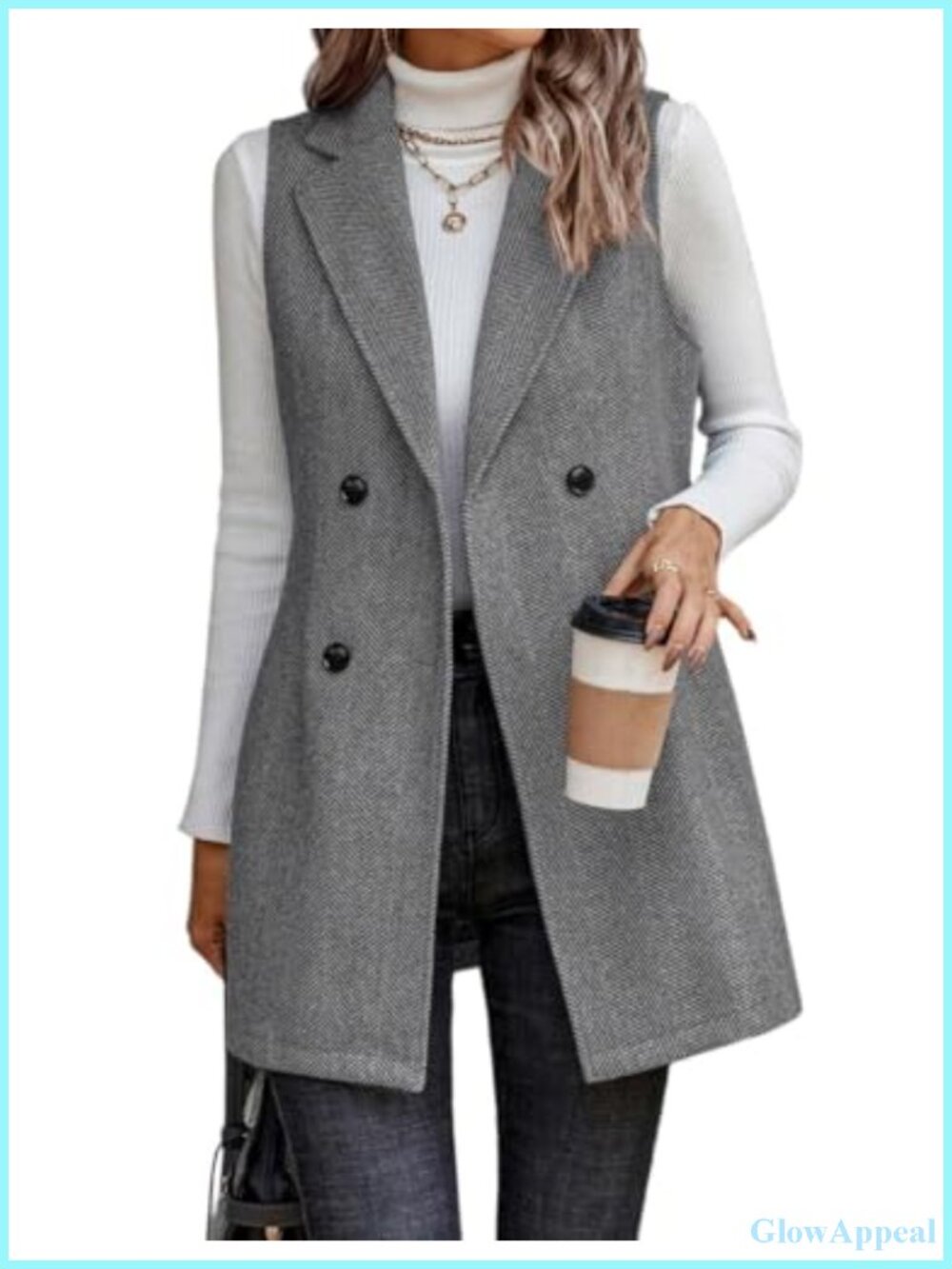 Sleeveless Tweed Long Vest Blazer Jacket for Women Notch Lapel Double Breasted